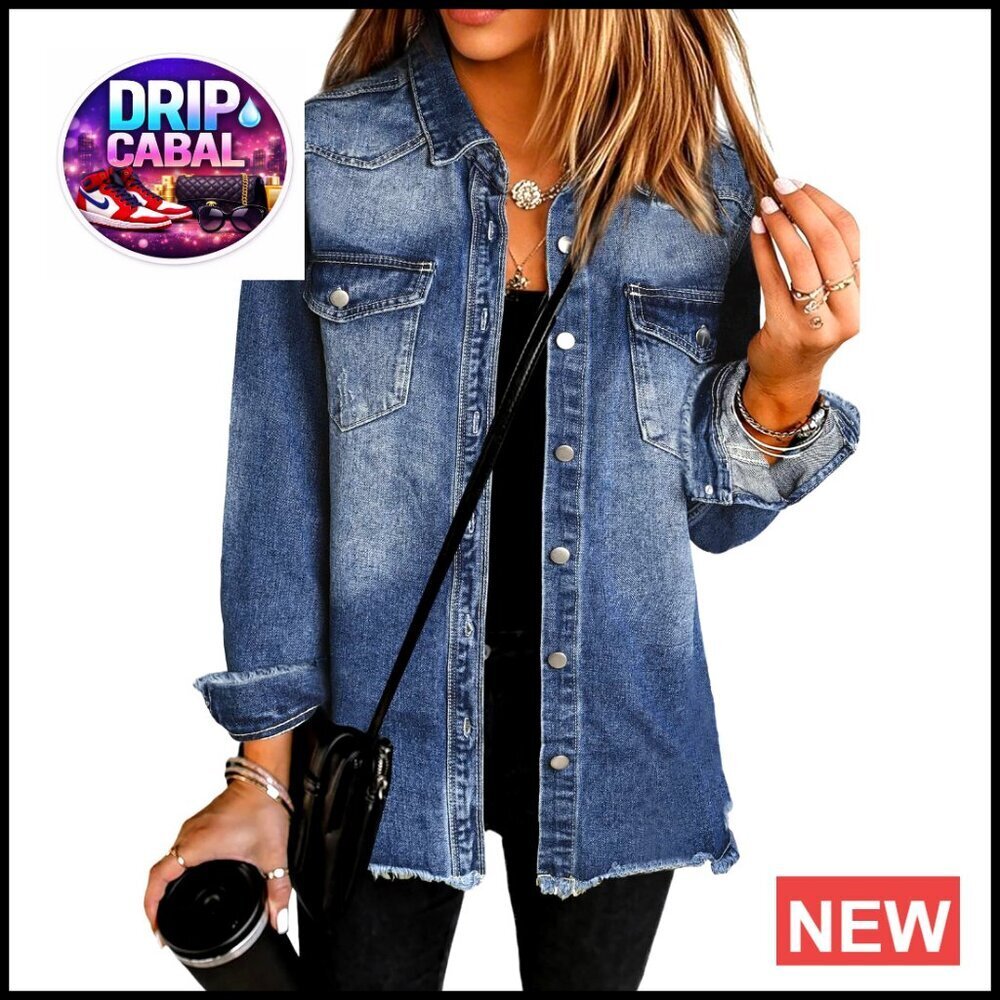 Oversized Denim Shacket Frayed Hem Button Down Long Sleeve Casual Jacket